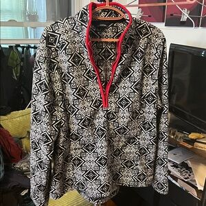 Lands' End Black and White Patterned Pullover with Red Trim